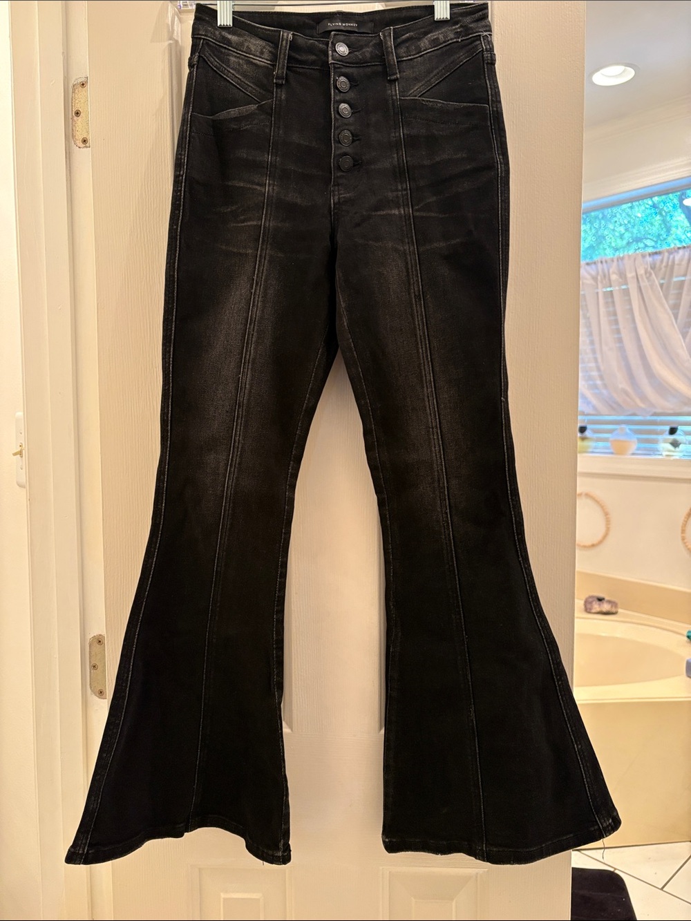 Flying Monkey Black High-Rise Flare Jeans with Button Front